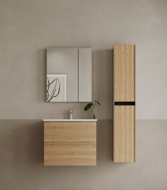 Hellholzoptik-Wandunterschrank, m. 2-türigem Spiegelschrank, weißem Becken u. Armatur. 3 Schubladen, rechts 2-türiger Seitenschrank. Griffmulden.